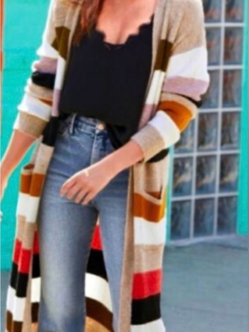 Allison Joy Beige Multi-Stripe Long Open Cardigan